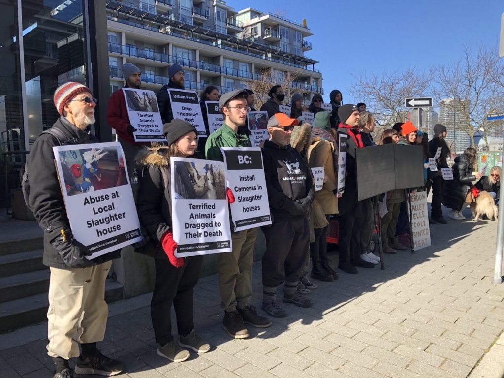 Image shows Meadow Valley Meats protesters outside of Urban Fare. 