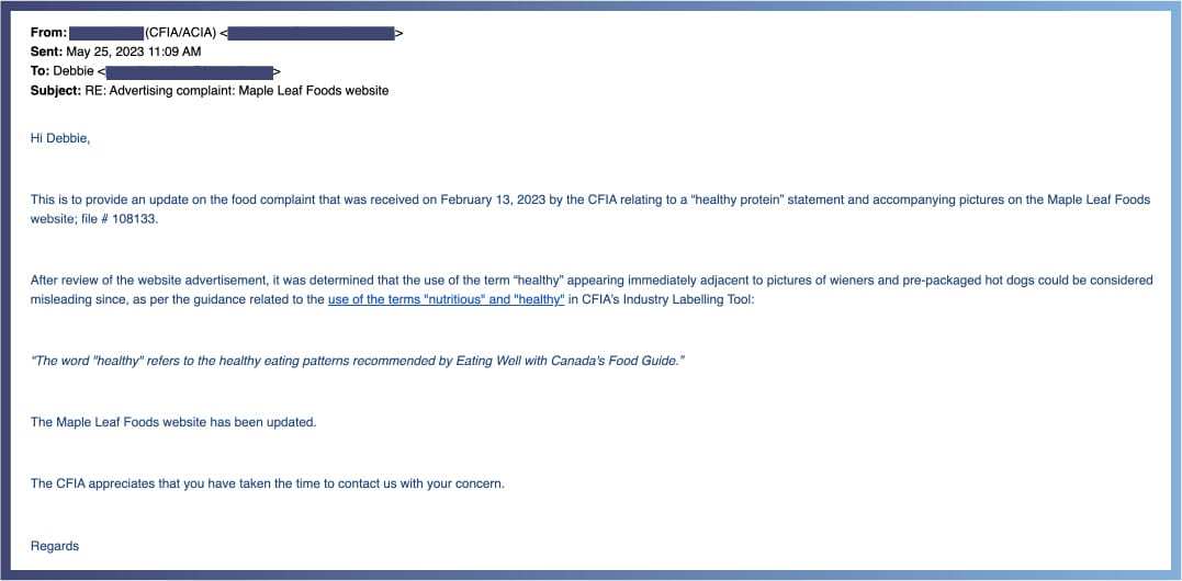 Image shows CFIA email about misleading Maple Leaf Foods advertising.