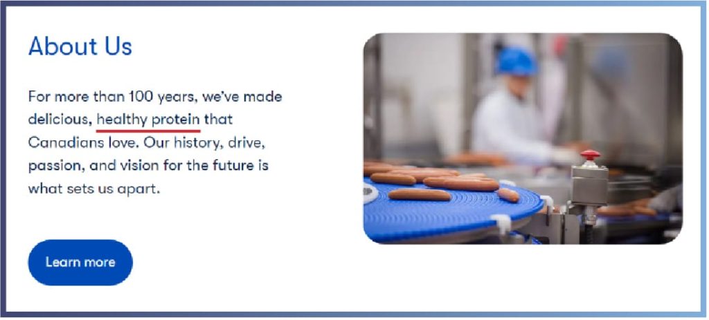 Image false advertising hot dogs on Maple Leaf Food website.