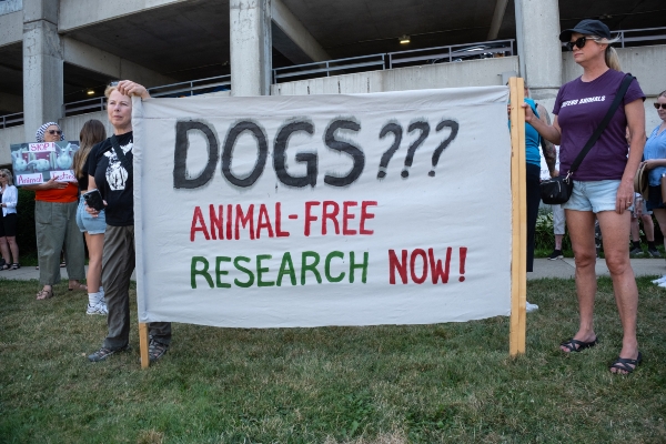 Sign held up at St Joseph's Hospital vigil that reads: Dogs??? Animal-Free Research Now!