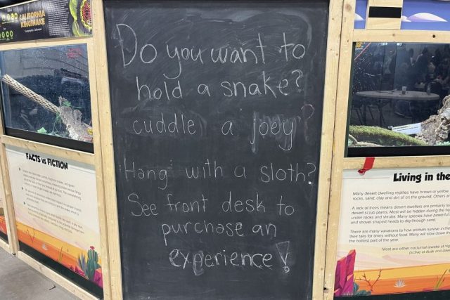 Sign inviting visitors to hold exotic animals. at the Wildlife Festival in Alberta.