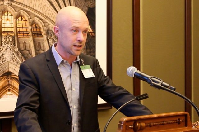 Professor Dr. Marc-Andre Verner speaking at an event on ending animal testing in Canada