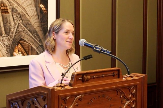 MP Shannon Miedema speaking at an event on ending animal testing in Canada