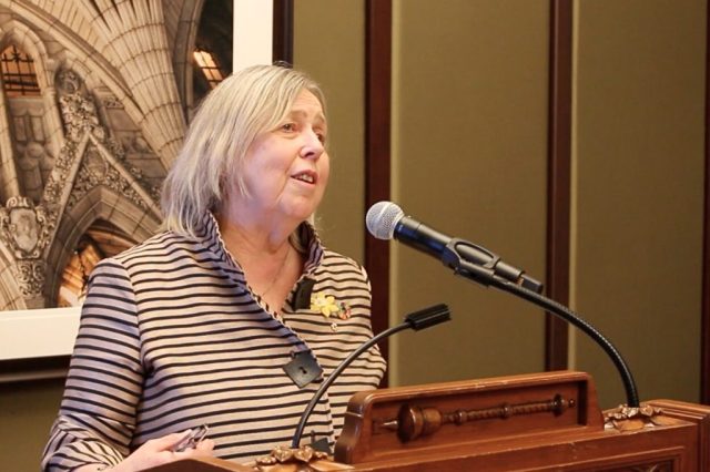 MP Elizabeth May speaking at an event on ending animal testing in Canada.