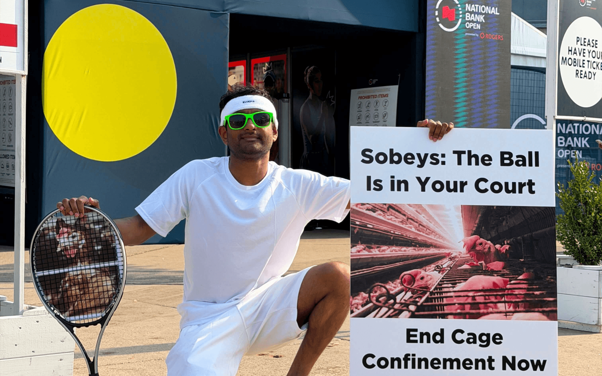 Demonstrators let the public know that Sobeys does not serve love for hens while it continues to sell cruel caged eggs.